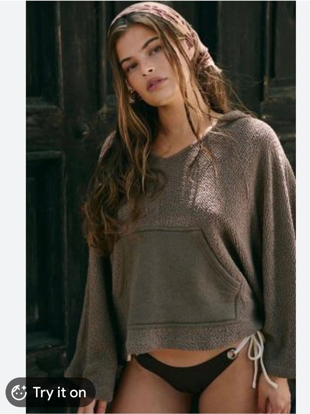 UO x free-est M Sahara Brown Poncho Style Relaxed Cozy Boucle Knit Cotton Top